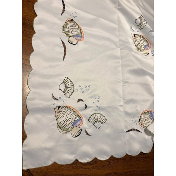 Embroidered Fish & Shells Sheen Tablecloth 68x86" Cutout Design - Picture 3 of 5